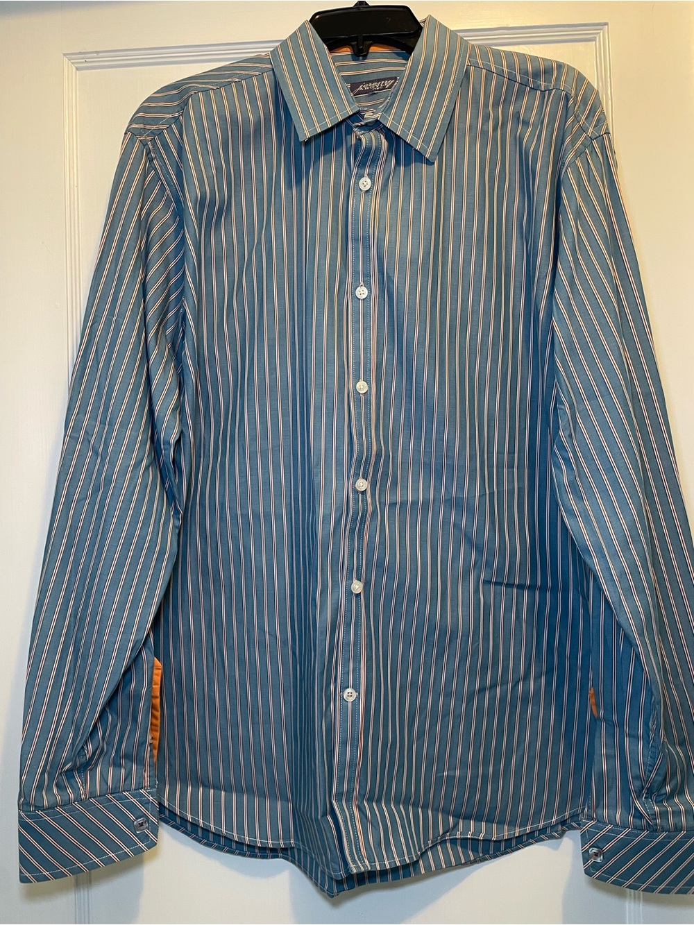 Striped Blue Long-Sleeve Dress Shirt with Point Collar